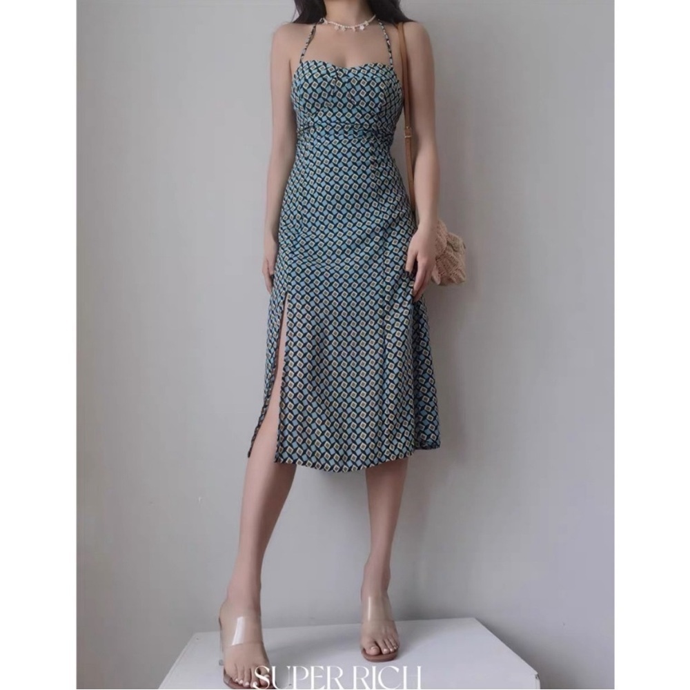 RIHOAS Blue and Brown Geometric Midi Dress